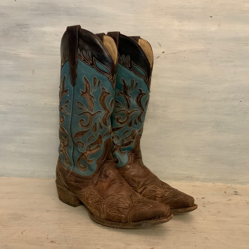 Stetson "Amber" Women's Leather Two Tone Floral Filigree Cowgirl Boots Size 9 GC